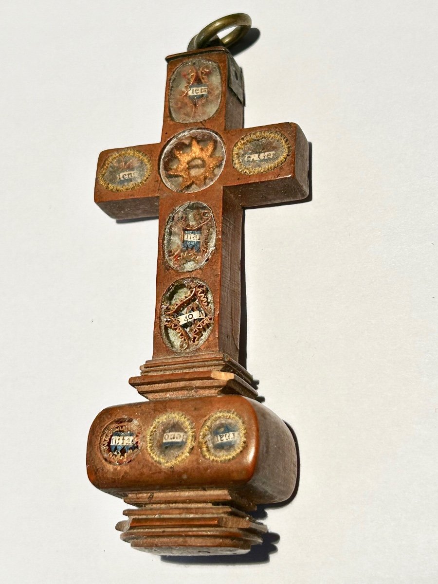 Reliquary Cross Pendant In Carved Boxwood, Several Relics. 18th Century